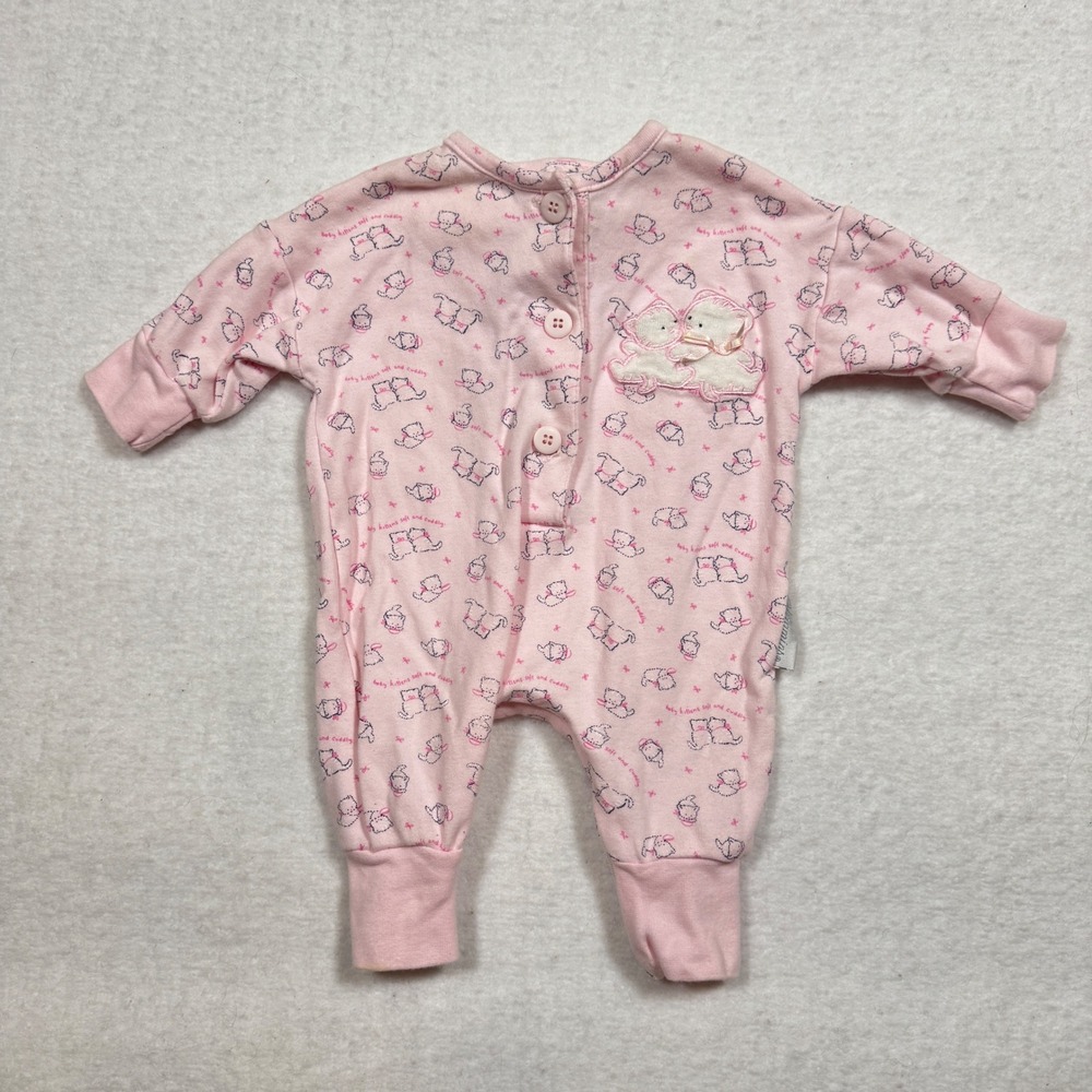 VTG Vitamins Baby Pink Kitten Print Romper 0-3 Mo Cotton‎ Long Sleeve One Piece